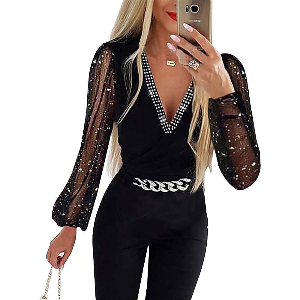 Picture of 2023 Autumn New Amazon European and American women's solid color V-neck long sleeve rhinestone high waist professional casual jumpsuit