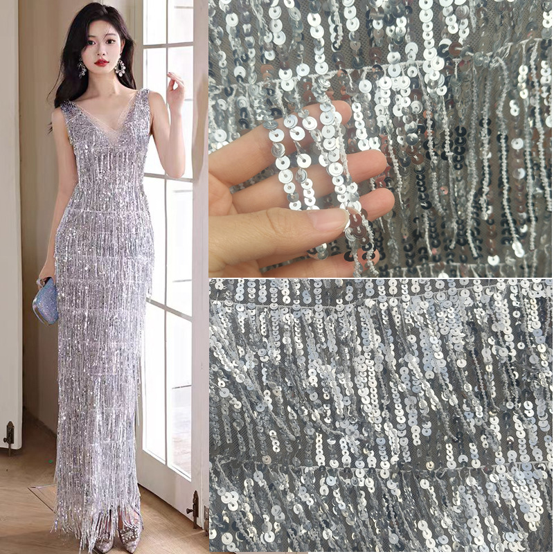 European and American Grey Lace Mesh Fabric Striped Tassel Bead Sequins Embroidered Gown Wedding Dress Performance Clothing Fabric