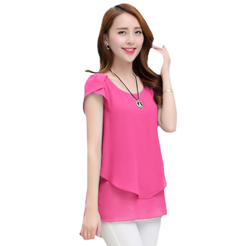 Picture of Foreign Trade Summer New Korean Style Slim-fit Mid-length Short-sleeved Chiffon Top Large Size Loose Base Shirt Women's Small Shirt