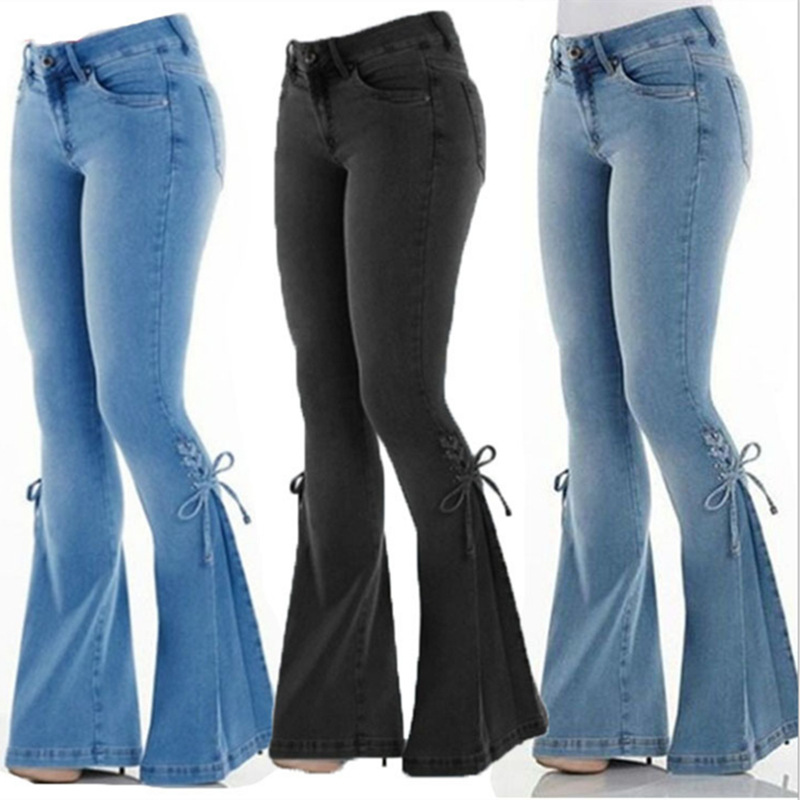Women's European and American Cross-border Women's Jeans Mid-waist Lace-up Denim Pants Stretch Jeans Women's Flared Pants