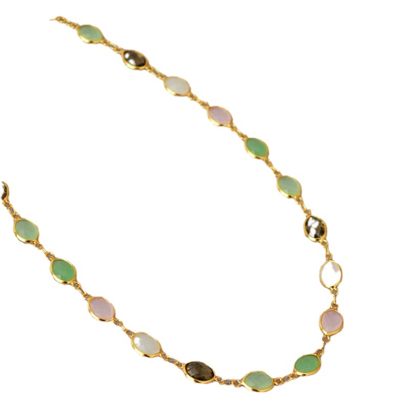 Japanese and Korean style fresh sweet beautiful colorful carved crystal glass jade texture brass gold plated necklace clavicle chain female