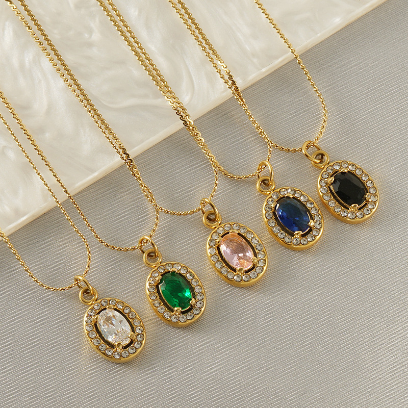 European and American autumn new stainless steel oval inlaid zircon double diamond egg S chain 18k necklace high-grade temperament style