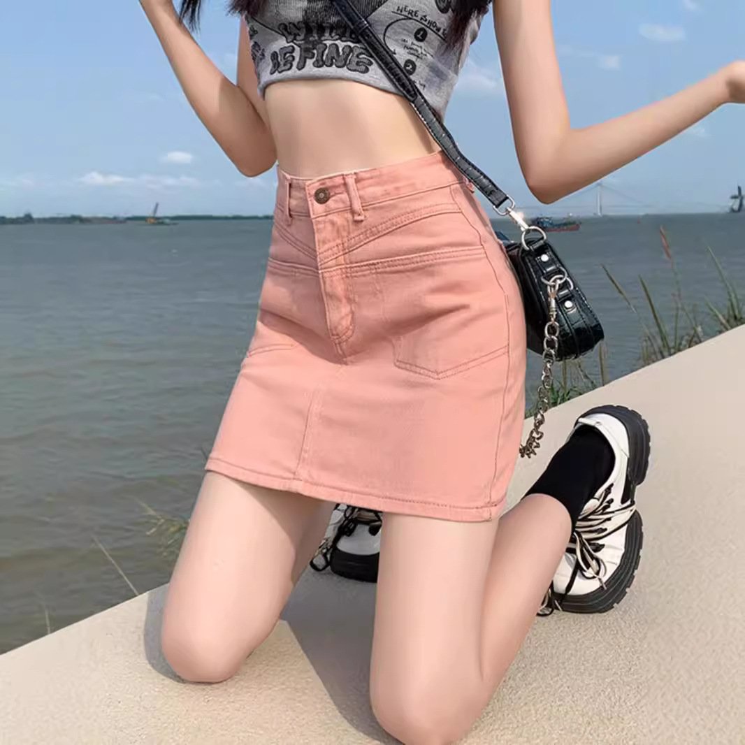 Korean Style Pink Denim Skirt Women's Summer New Style Small Hot Girl High Waist Slim A- line Hip Short Skirt