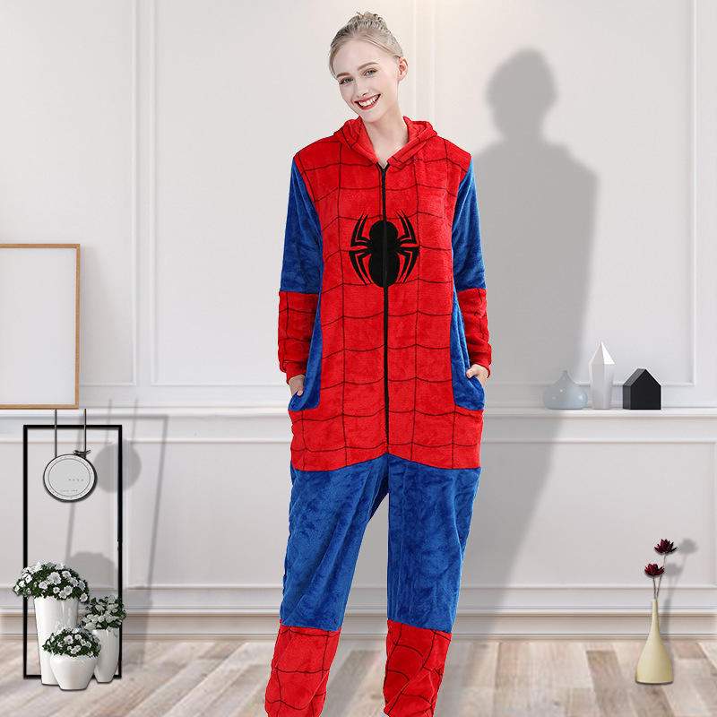 Cross-Border Flannel Spider-Man One-Piece Pajamas, Performance Clothes, Couple Pajamas, Women's Home Clothes, Toilet Version Pajamas Wholesale