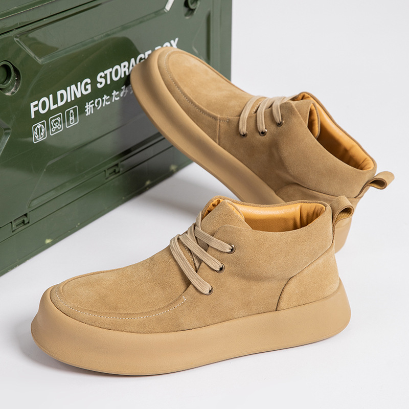 Autumn and Winter Anti-velvet Cowhide Thick-soled High-top Shoes Men's Handmade Lace-up fleece-lined Martin Boots Workwear Shoes Casual Shoes