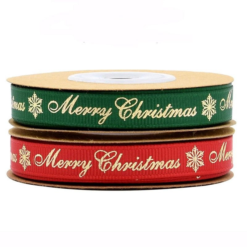 Merry Christmas Hot Stamping Printed Ribbed Gift Wrapping Ribbon 22m / Roll Packaging Ribbon