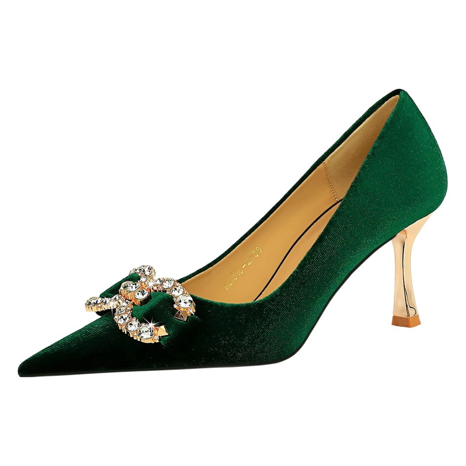 1818-K77 banquet high heels women's shoes high heel shallow mouth pointed Western suede rhinestone buckle bow single shoes women