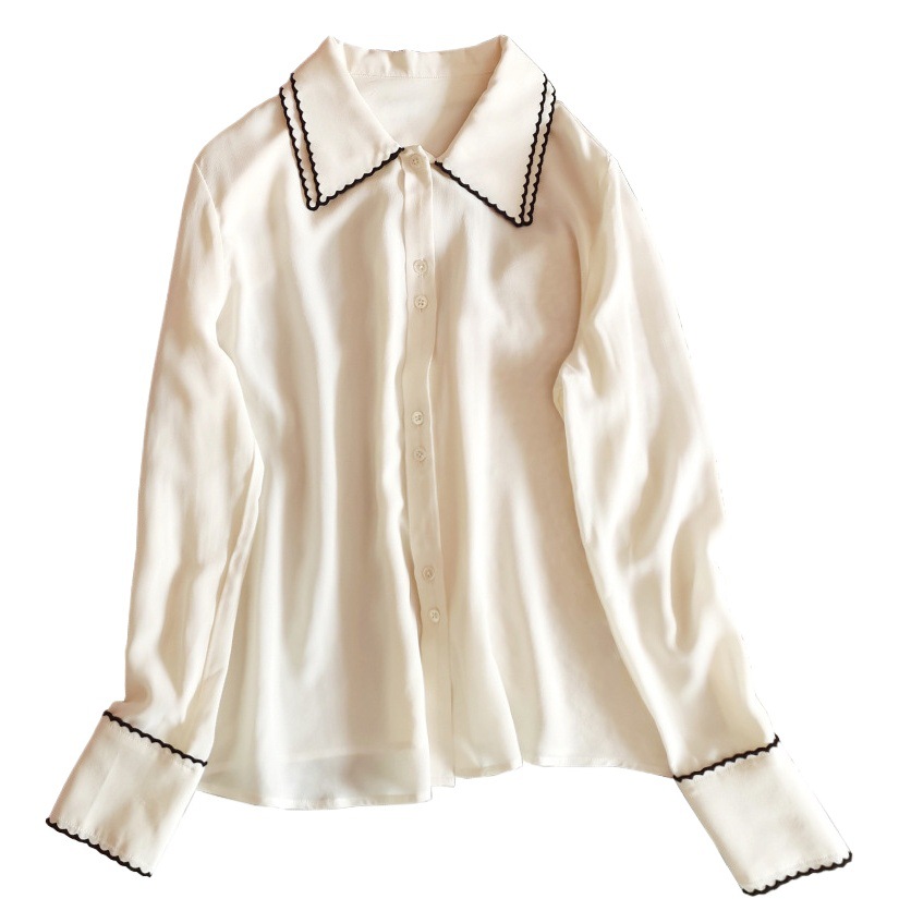 Clearance Commuter OL Double Layer Contrast Color Embroidered Collar Long Sleeve Silk Shirt Women's Beige Vintage Sand Washable Mulberry Silk Shirt