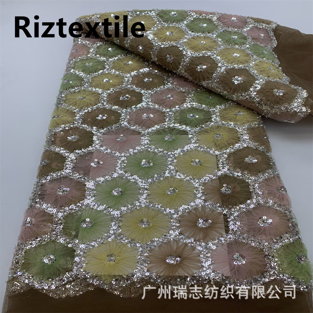 Picture of New Arrival Flower Dress dress Fabric Fashion Hexagon Sequins Bead Tube Embroidery Gorgeous Wedding Dress Mesh Embroidered Fabric