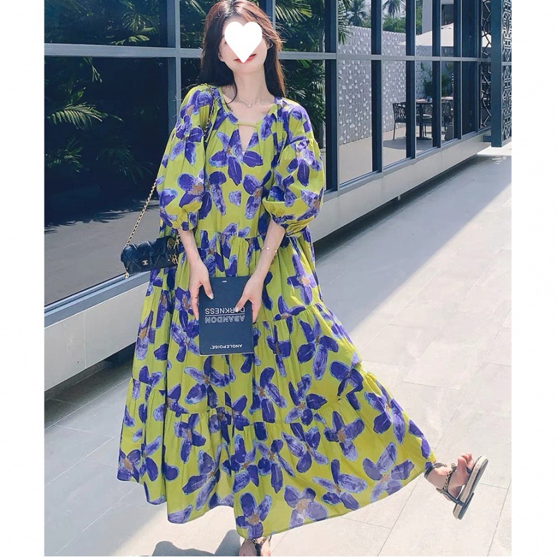 French Retro Printed dress Women's 2024 Summer New French Retro Loose Large Skirt Beach Long Dress