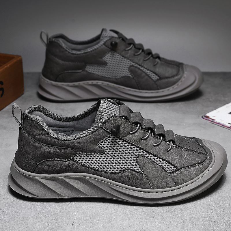 Cross-Border Men's Shoes 2025 New Summer Leather Hiking Beach Shoes Men's Mesh Breathable Low-Top Casual Sports Shoes