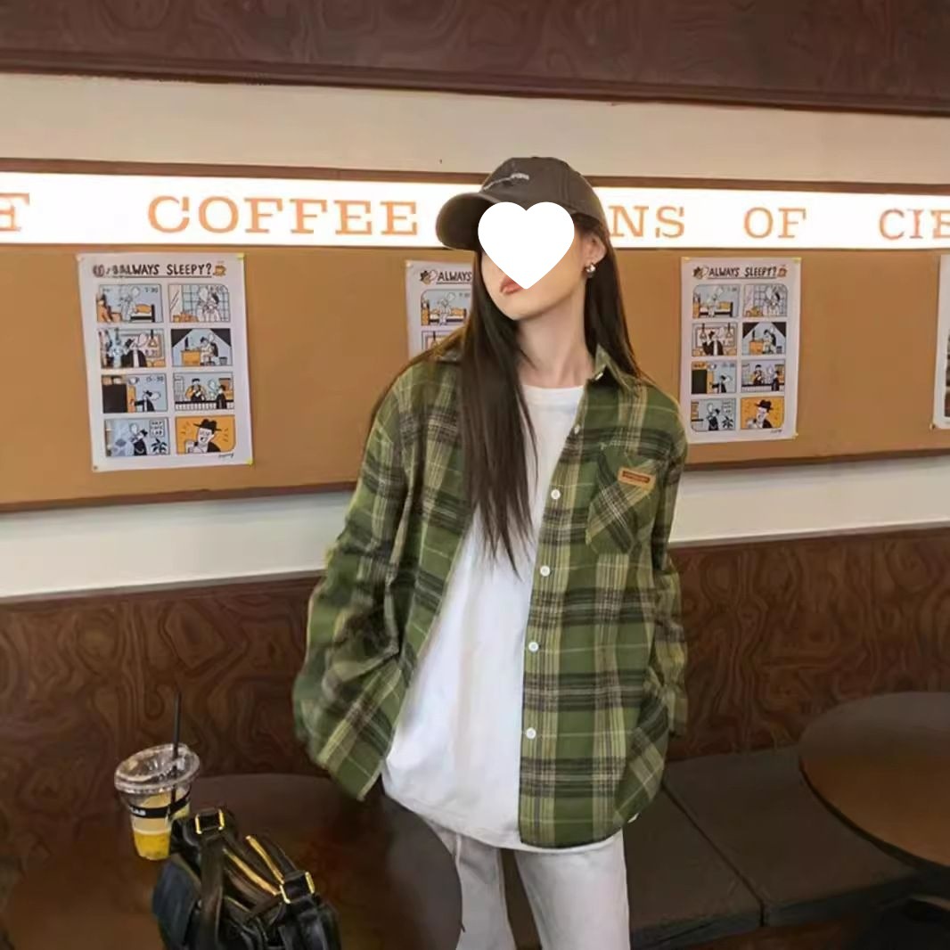 Green Plaid Shirt Women's 2024 Autumn and Winter Design Sense Niche Loose Retro Hong Kong Style Shirt Jacket Autumn Top