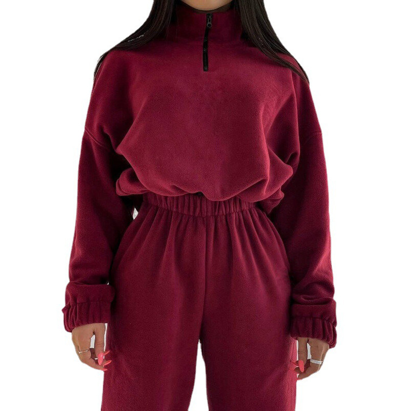 Picture of 2025 Spring and Autumn Hot Selling New Women's Clothing Amazon Fashion Solid Color Loose Zipper Stand Collar Sweatshirt Casual 2-Piece Set