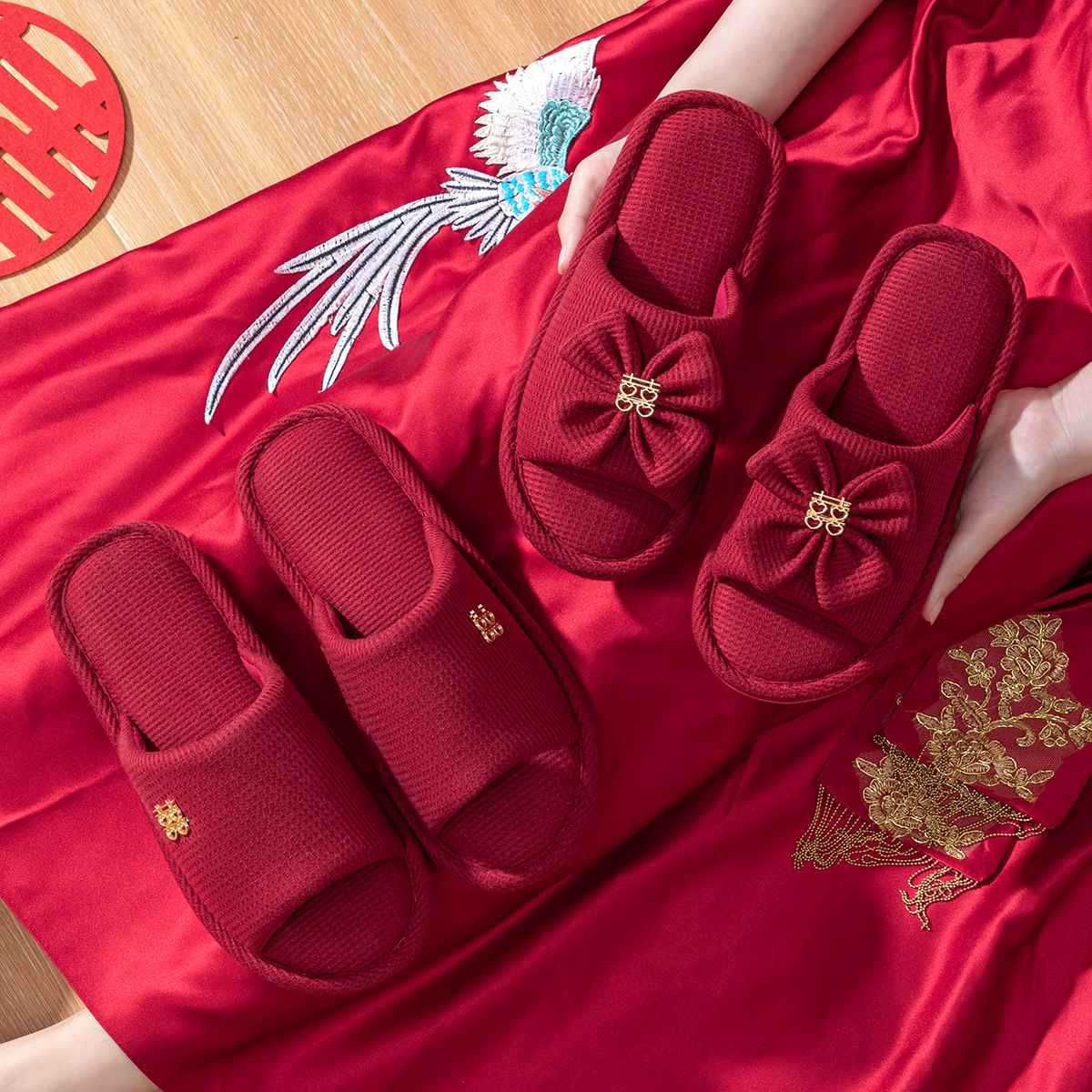 2 pairs of wedding slippers women's summer indoor home festive red couple wedding wedding slippers 2649