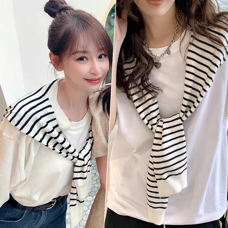 [Strictly Selected] White Striped Small Shawl Knitted High-End Korean Style Women's Outerwear Decorative Sun Protection Shoulder Vest Trendy