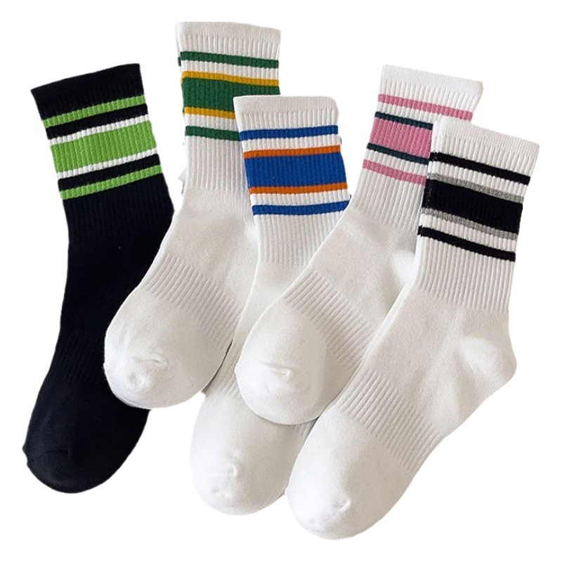 White socks women's spring/autumn/winter mid-calf socks versatile striped sports socks wholesale shark stockings cross-border foreign trade cotton socks