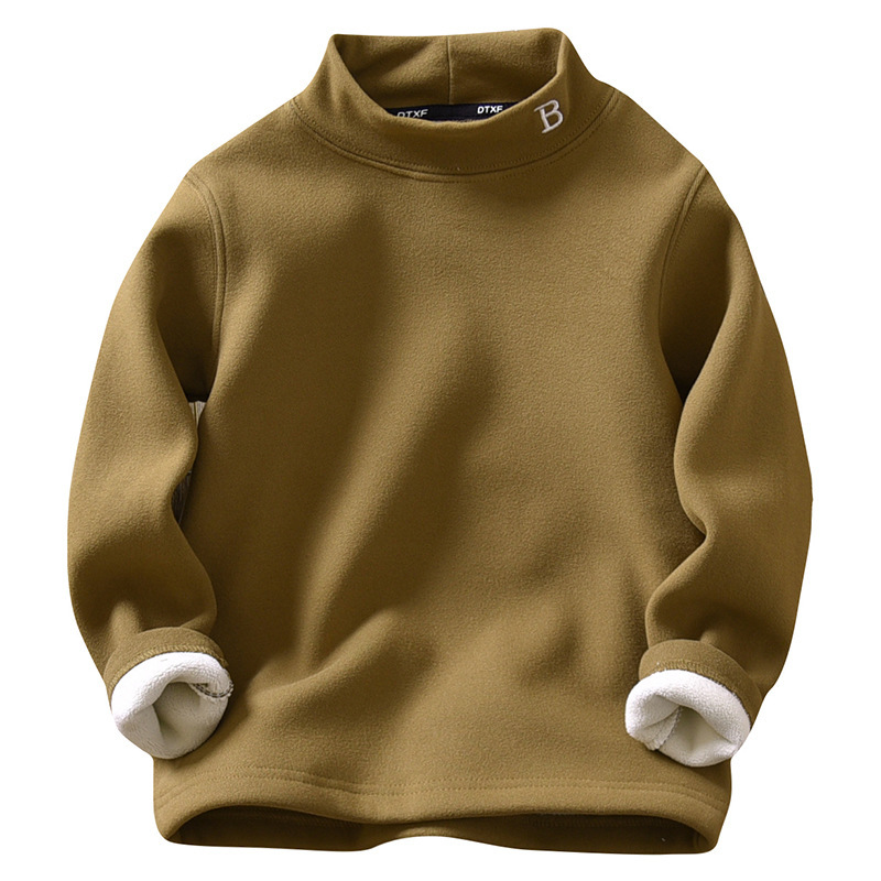 Picture of Boy's velvet autumn and winter half turtleneck warm clothes winter fleece-lined thickened medium and large children's solid color bottoming shirt boy