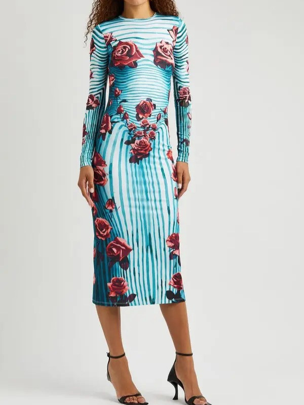 Rose Print Striped Long-sleeved dress 2024 Summer New Elegant Slim-fit Sheath Long Dress for Women