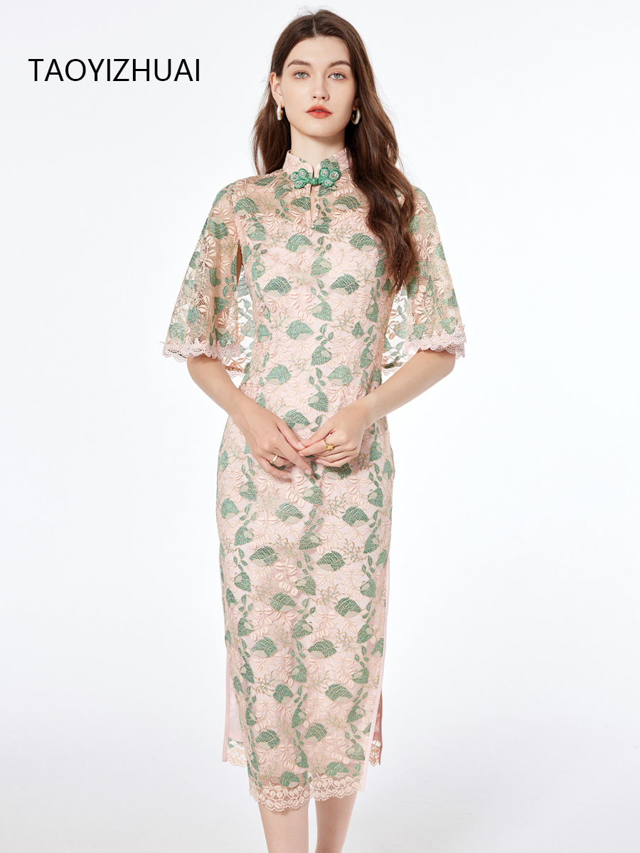 Plus size improved cloak sleeve gold thread cheongsam spring and summer new versatile slim fit slimming casual lace dress