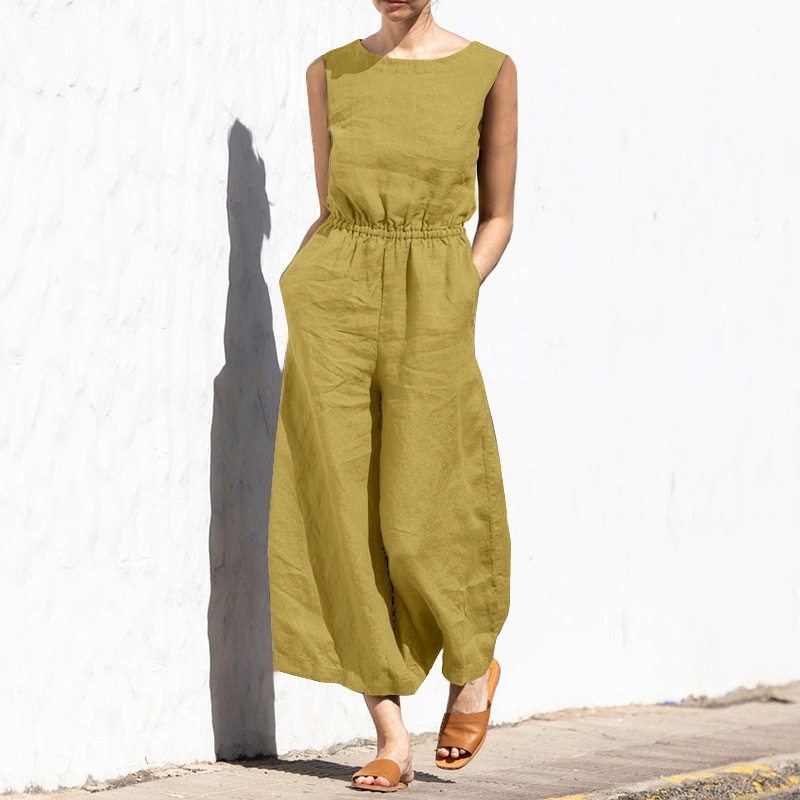 Picture of 2025 Cross-Border European and American Summer Solid Color High-Waisted Sleeveless Long Pants Women's Casual Loose Jumpsuit European and American Style