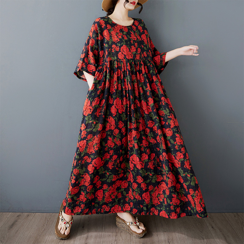 plus size Women's Crewneck with Shoulder Sleeve Loose Large Swing Dress Women's Vintage Artistic Flower Casual Cotton Linen dress Women