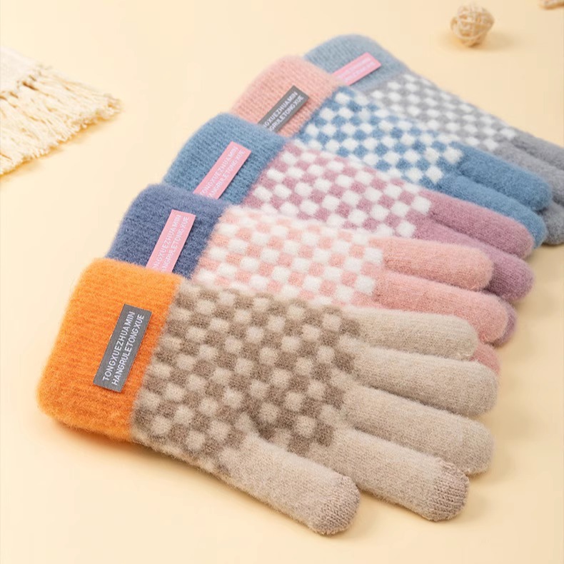 Winter Women's Cold-proof Warm Gloves Knitted Wool Student Outdoor Sports Cycling Windproof Five-finger Touch Screen Gloves