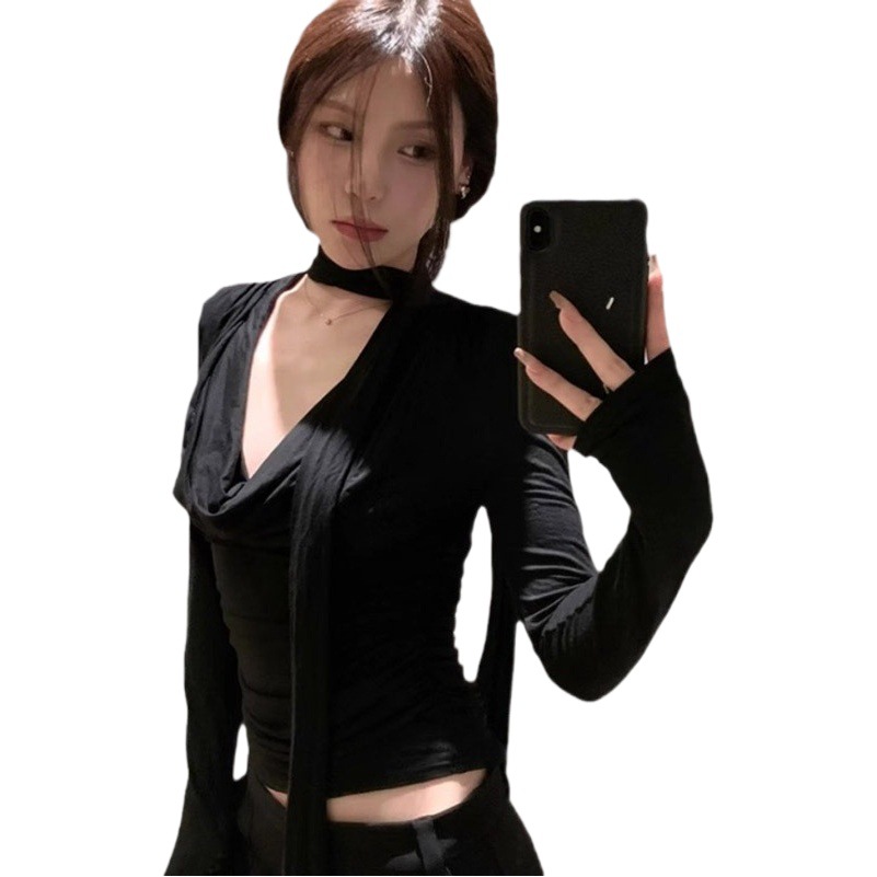 Black ribbon swing collar long-sleeved T-shirt women's autumn and winter high-grade slim-fit slimming pleated undershirt top