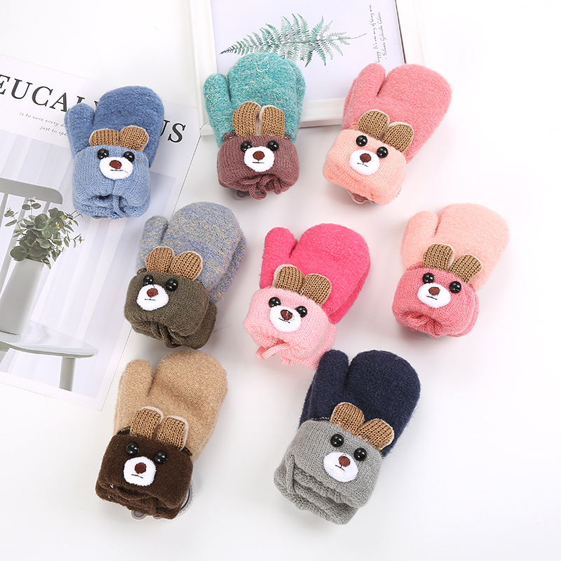 Picture of 0-3 years old cute ears bear cartoon children's gloves winter knitted wool double plus velvet padded warm