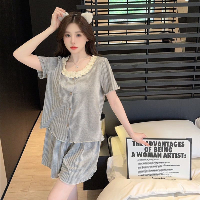 Women's Summer Pajamas, Modal Cotton Stripes, Loose Fit, with Bra, Can Be Worn Outside, Short-Sleeved Shorts Set with Chest Pads, Loungewear