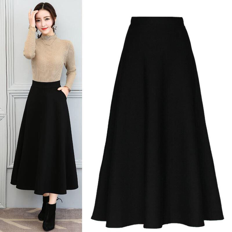 [Pocket] New Korean-style Mid-length Long Dress Elastic Waist Half-length Skirt High Waist Slimming All-match Large Swing Skirt for Women
