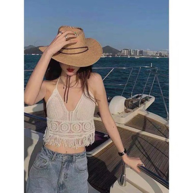 White water Women's woven camisole women's design outer wear seaside beauty back halter lace-up white chest pad top