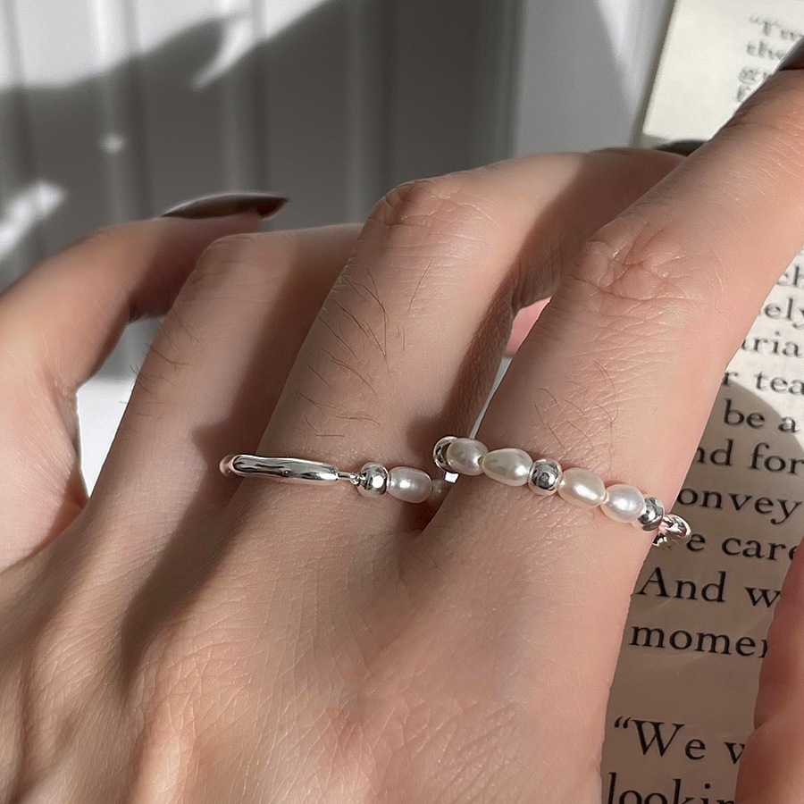 Pearl Handmade Ring Women's Fashion Personality Temperament ins Niche Design Sense S925 Silver Geometric Texture Finger Ring
