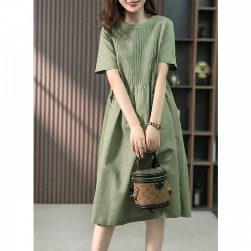 2023 Summer New Korean Style Loose Design Niche Organ Pleated Flesh-Covering Slimming Mid-Long Linen dress