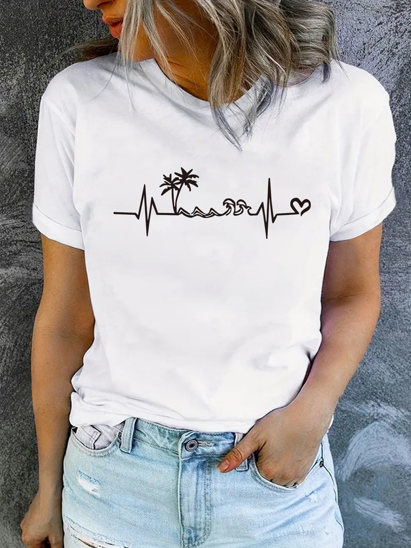 European and American summer women's heartbeat pattern printed round neck short sleeve T-shirt casual fashion foreign trade hot T-shirt