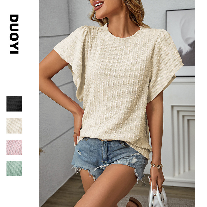European and American Cross-Border Amazon Independent Station 2025 New Summer Women's Round Neck Double-Layer Ruffled Short-Sleeved T-Shirt