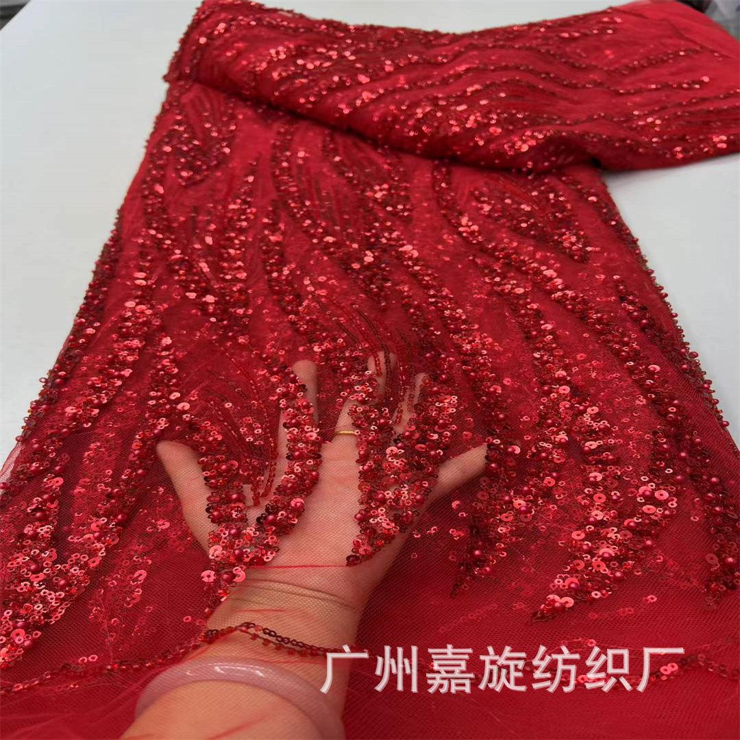 New Big Red Fox Tail Stripe Design Bead Tube Sequin Embroidery Lace Fabric Wedding Dress Cheongsam Toast Dress Fabric