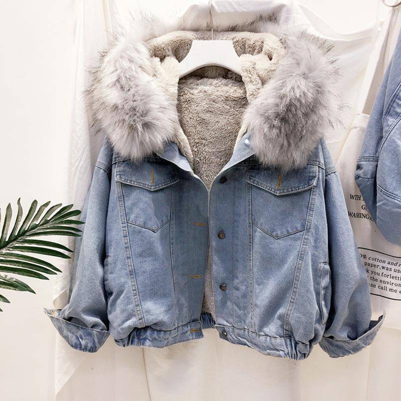 Chanel style short coat Denim plus velvet coat for women Autumn 2023 New loose hooded winter thickened student short