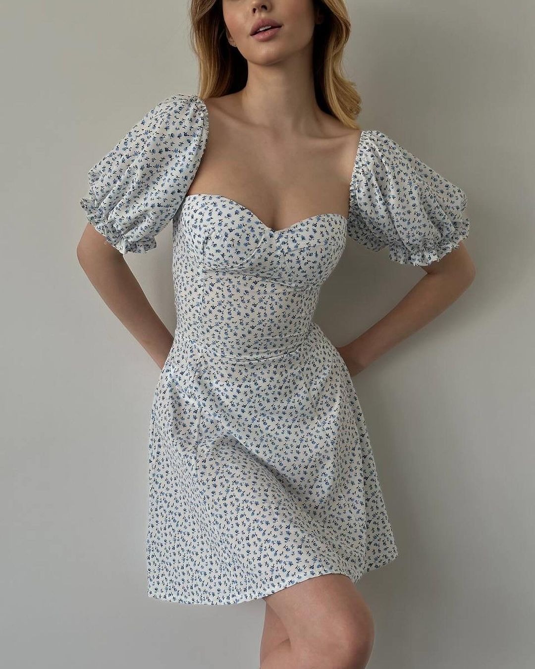 Picture of 2025 spring and summer clothing European and American Amazon foreign trade women's lace-up retro floral high waist bubble sleeve French dress
