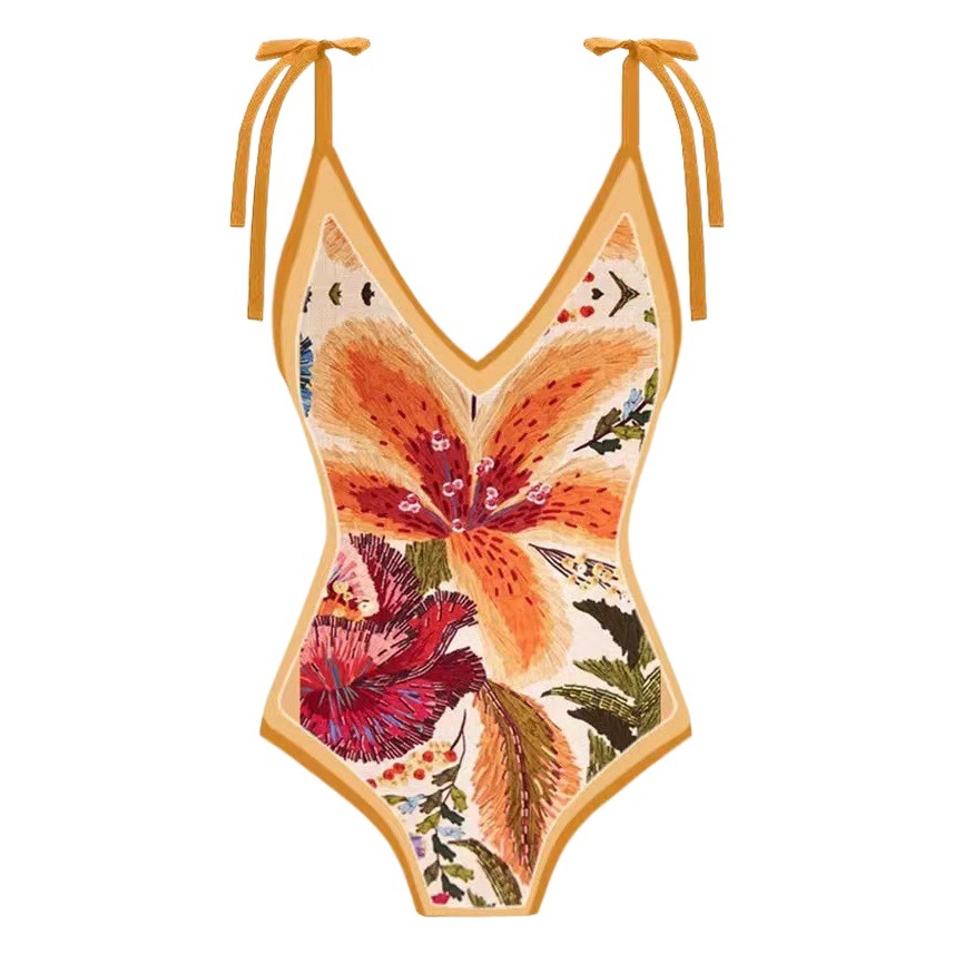 2024 Amazon AliExpress lace-up printed one-piece swimsuit suit women's cross-border European and American fashion sexy bikini