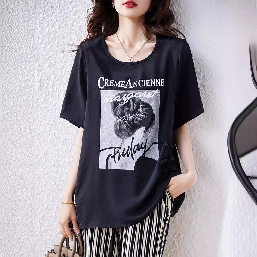 Real Shot in Stock: Spring/Summer New Fashion Loose Short-Sleeve T-Shirt, Plus-Size European Design, Slimming and Body-Covering Top