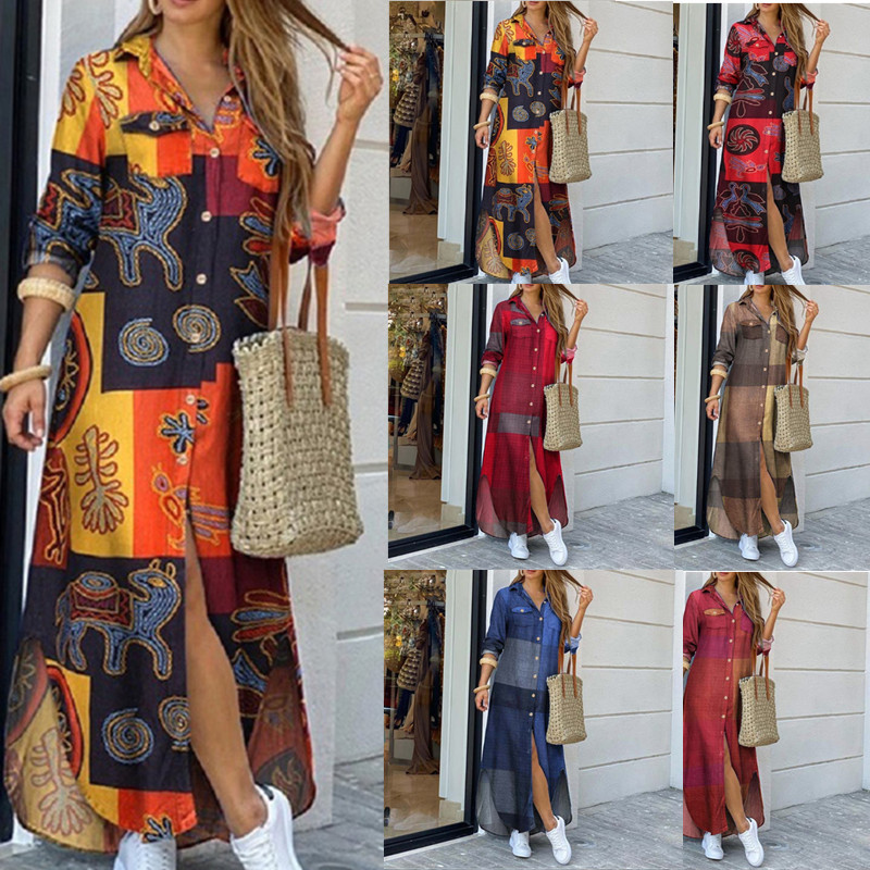 2021eBay AliExpress Autumn New Fashion long sleeve shirt dress long S-5XL a large number of spot