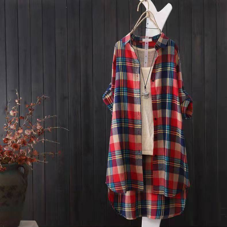 2025 Spring and Autumn New Mid-Length Korean Style Shirt Plaid Shirt Women's Loose plus size Long-Sleeved Sun-Protective Coat