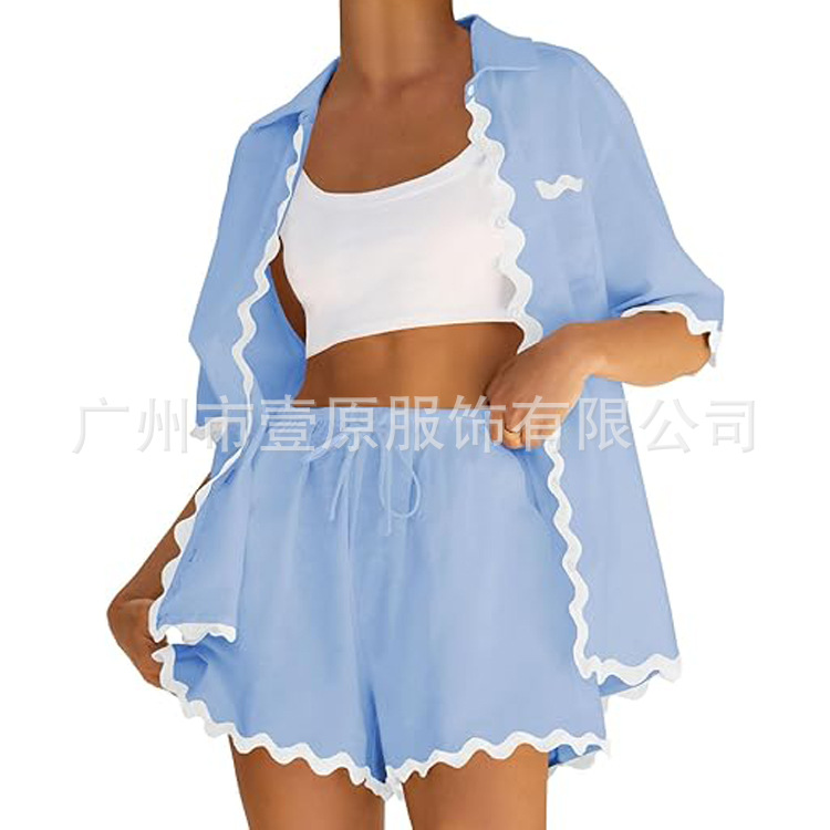 Cross-border 2024 Amazon Summer New Lapel Wavy Placket Shirt Set Short Sleeve Short Two-piece Set for Women