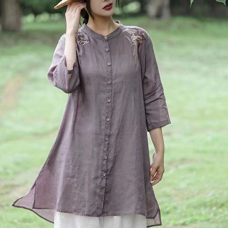 Cotton and Linen Embroidered Shirt for Women Spring and Summer New Loose Mid-Length Casual Shirt Versatile Comfortable Breathable Thin Jacket