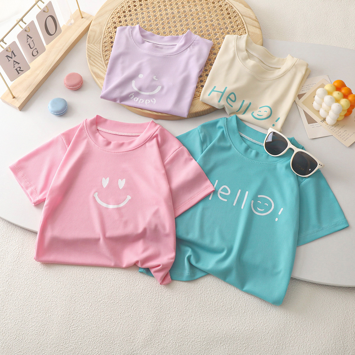 Picture of Cool Summer Candy Color Kidsren's Summer Short-Sleeved T-Shirt Round Neck Ice Silk Shaking t Baby Boy Girl Top Pure Color