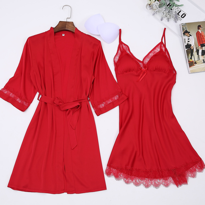 Chest Pad Sling Nightgown Sexy Nightgown Two-piece Set Silk-like Home Clothes Cardigan Women's Summer Pure Sexy Pajamas