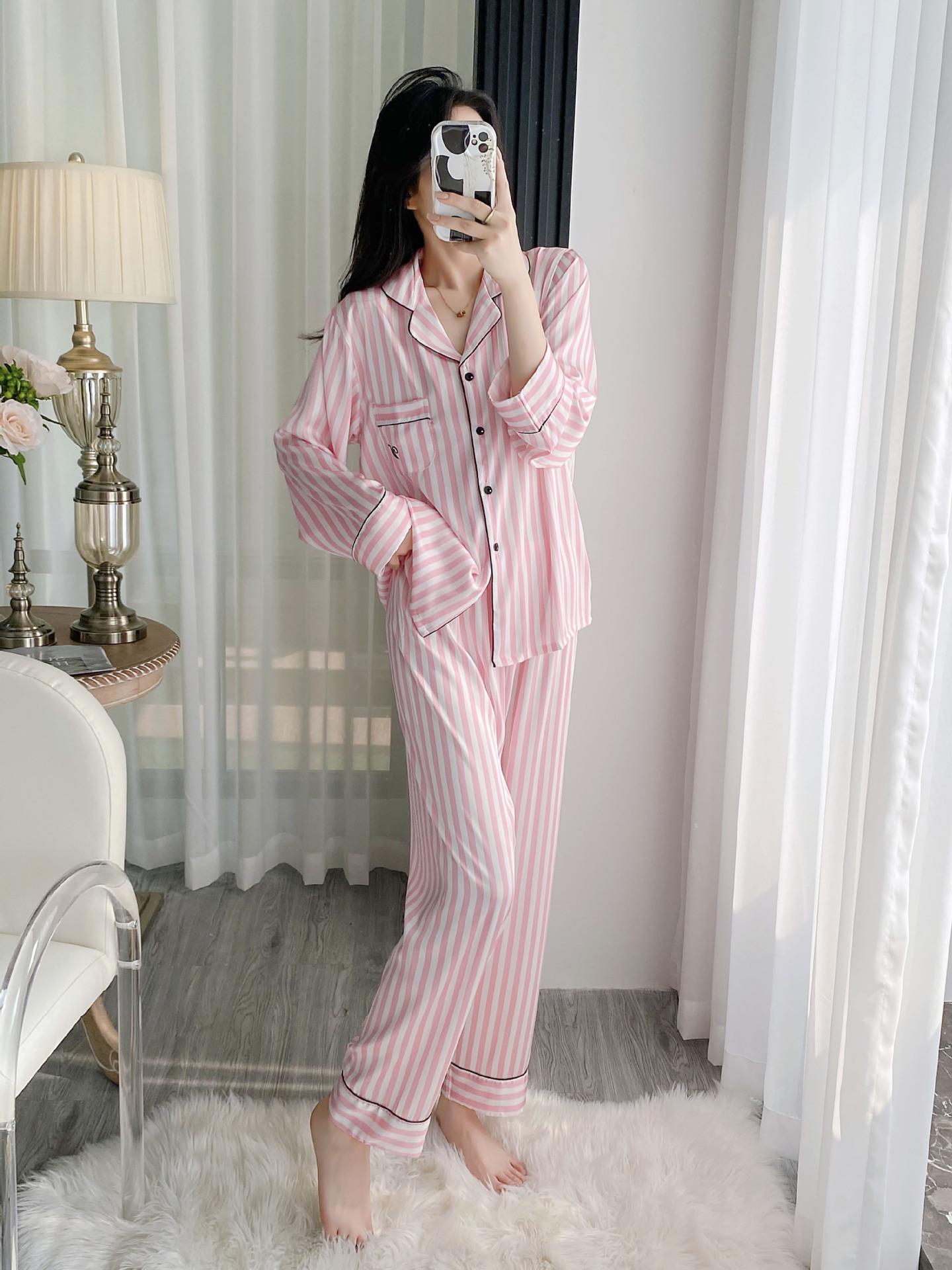 Picture of New Women's Long Sleeve Pajamas suit Cardigan Korean Style Home Clothes Striped Ice Silk Outer Wear Thin