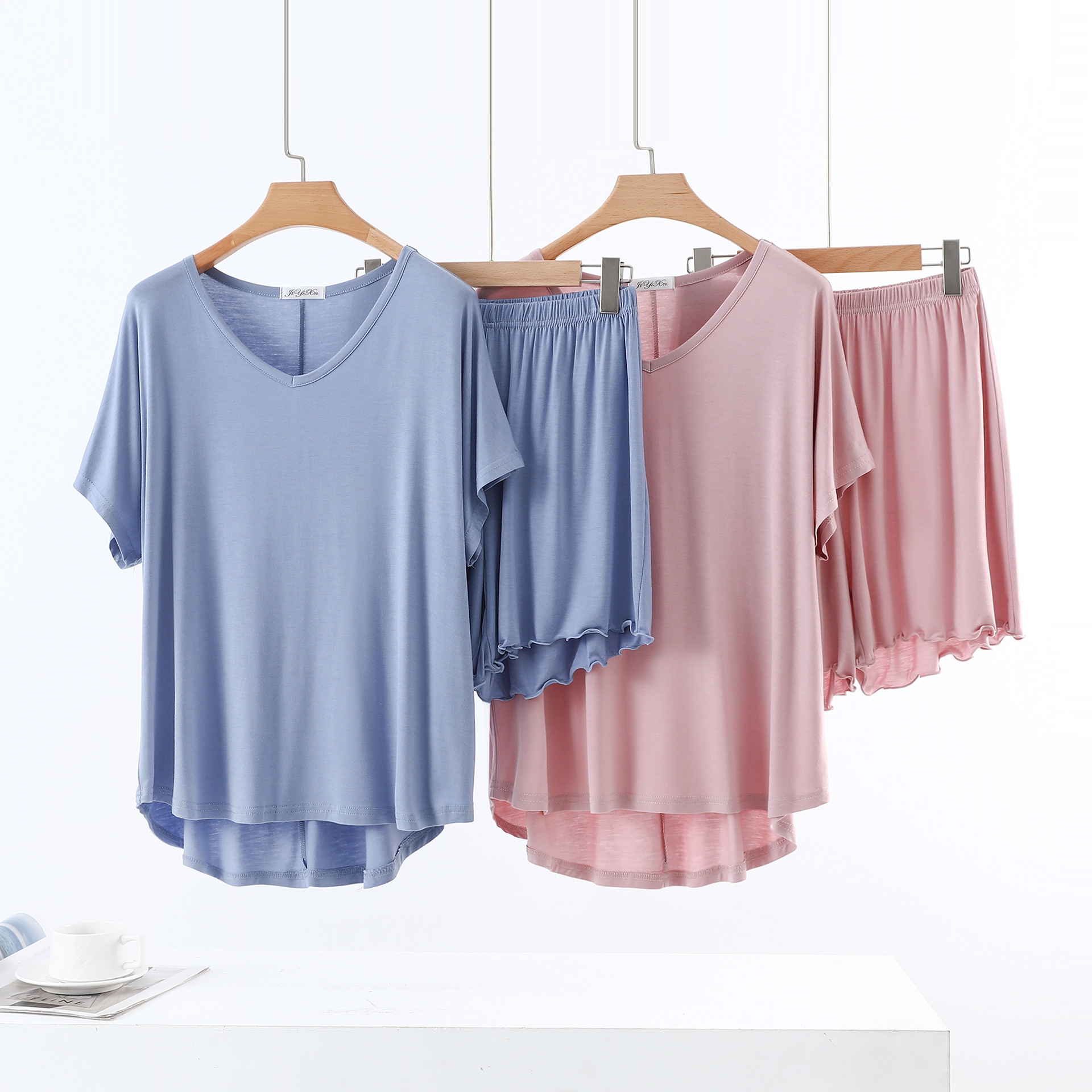 Spring and Summer New Style Bit Cotton V Neck Short-Sleeved T-Shirt Flap Pocket Pants Wide-Leg Pants Suit Korean Style Fashionable Simple Pure Color Two-Piece Set