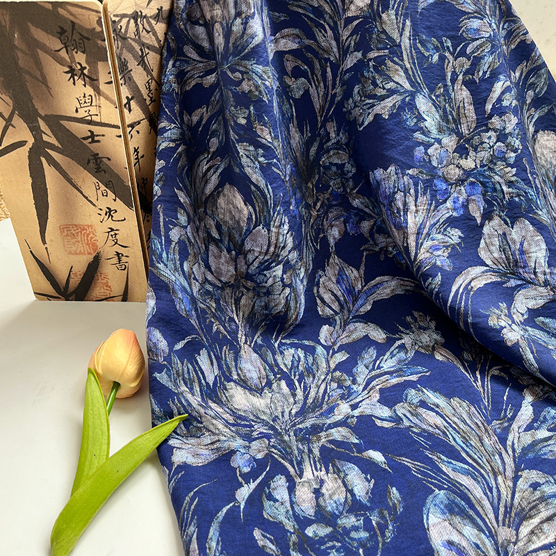 Blue Flower New Chinese Style Digital Printed Fabric Brocade Cotton Fabric Cheongsam Dress Top Han Dynasty Fabric