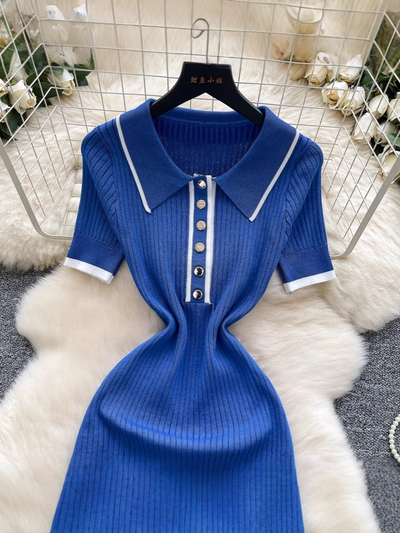 Cross-Border 2025 Summer Japanese and Korean Version Women's Popular Polo Collar Short-Sleeved Contrast Sweater Dress Knitted Dress Long Skirt